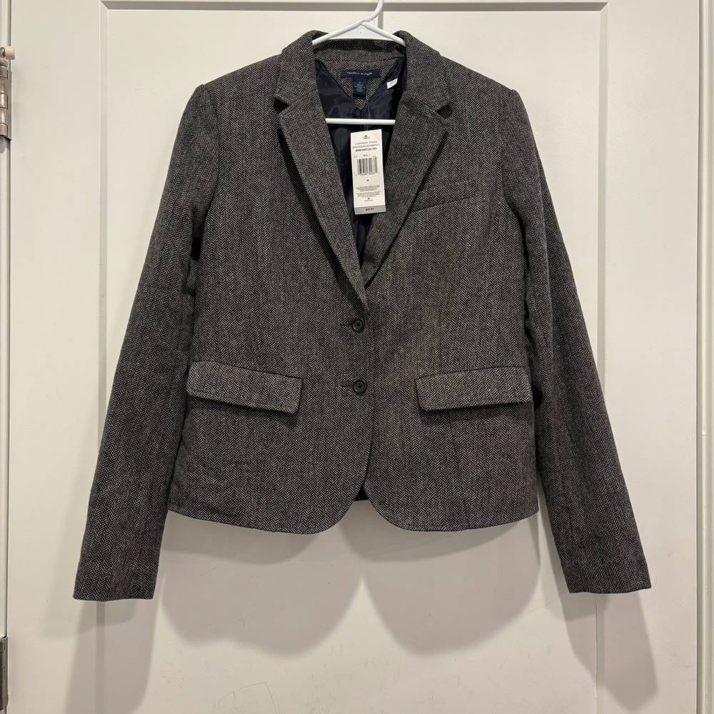 NWT‎ Tommy Hilfiger Grey Herringbone Blazer Jacket Womens Medium RM87607336 NEW